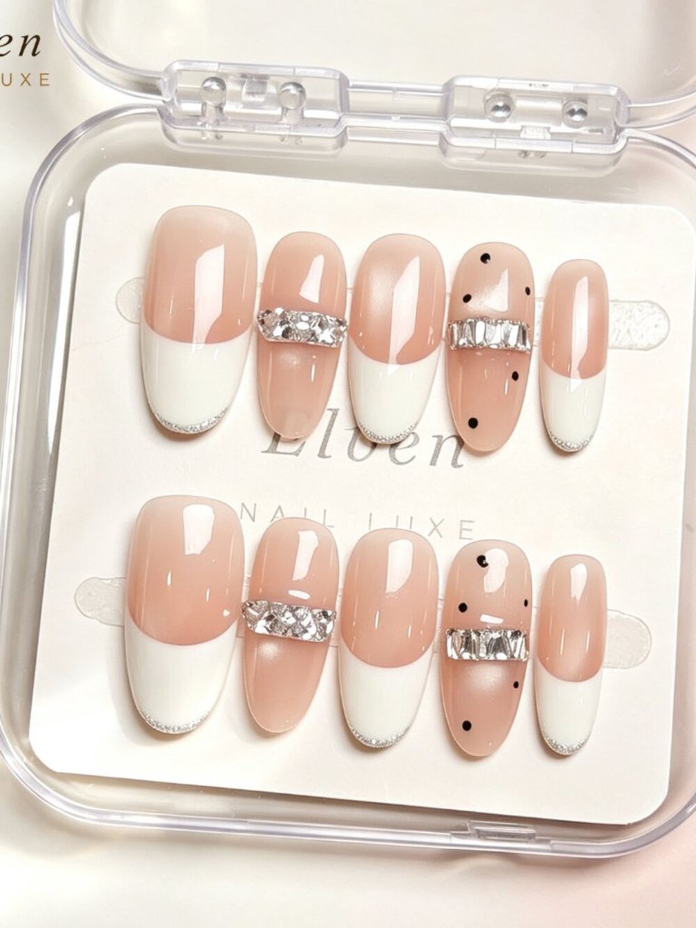 French Tip Nude Cat Eye Medium Round Press On Nails with Rhinestone & Polka Dot